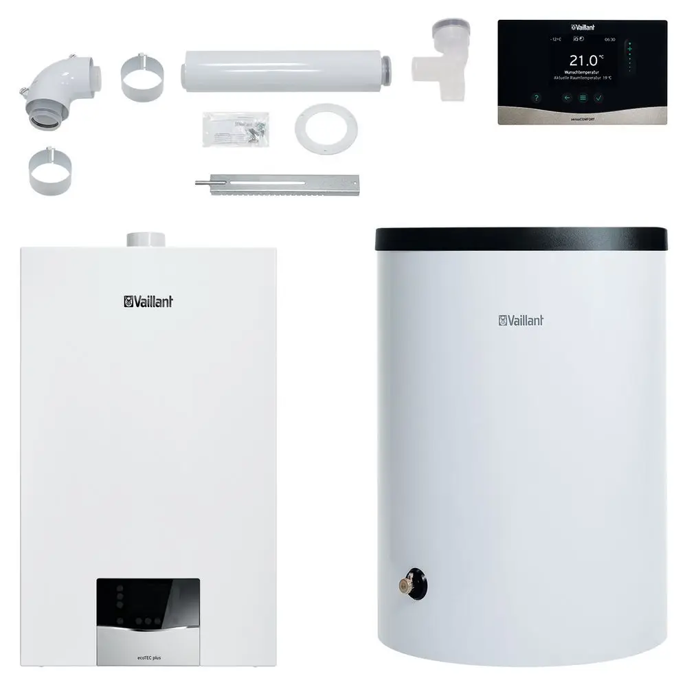 Vaillant Heizgerät und Warmwasserspeicher in weißer Ausführung, kombiniert mit Regelungseinheit und Montageset für die Installation.